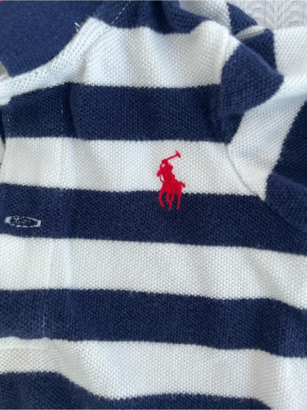 Ralph Lauren Navy & White Striped Polo Romper with Red Trim and Logo